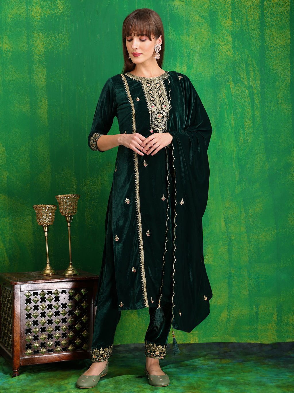 Thread & Sequined Embroidered Velvet Kurta With Pant & Embroidered Dupatta, Bottle-Green - Hiral Fashion - Distacart