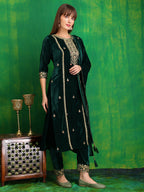 Thread & Sequined Embroidered Velvet Kurta With Pant & Embroidered Dupatta, Bottle-Green - Hiral Fashion - Distacart