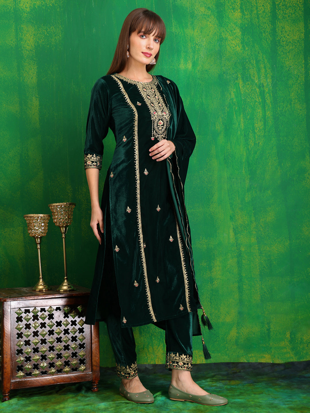 Thread & Sequined Embroidered Velvet Kurta With Pant & Embroidered Dupatta, Bottle-Green - Hiral Fashion - Distacart