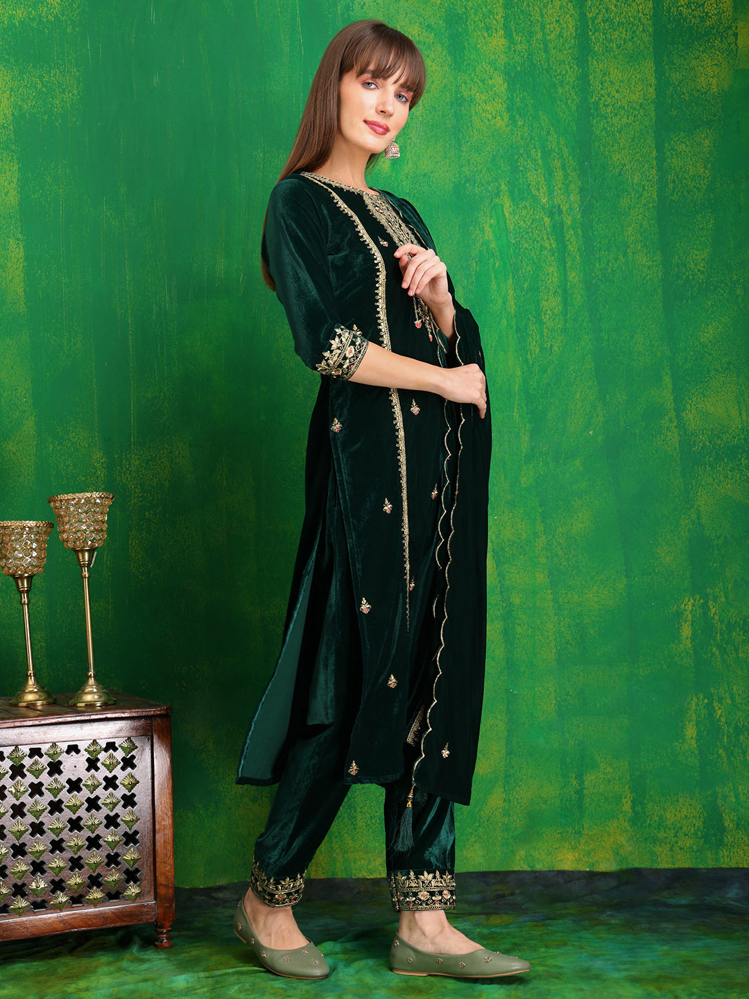 Thread & Sequined Embroidered Velvet Kurta With Pant & Embroidered Dupatta, Bottle-Green - Hiral Fashion - Distacart