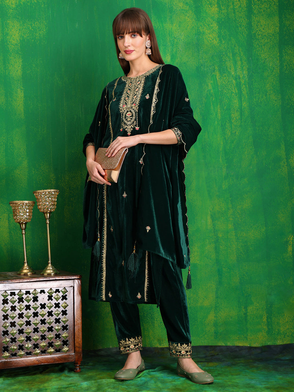 Thread & Sequined Embroidered Velvet Kurta With Pant & Embroidered Dupatta, Bottle-Green - Hiral Fashion - Distacart