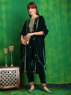 Thread & Sequined Embroidered Velvet Kurta With Pant & Embroidered Dupatta, Bottle-Green - Hiral Fashion - Distacart
