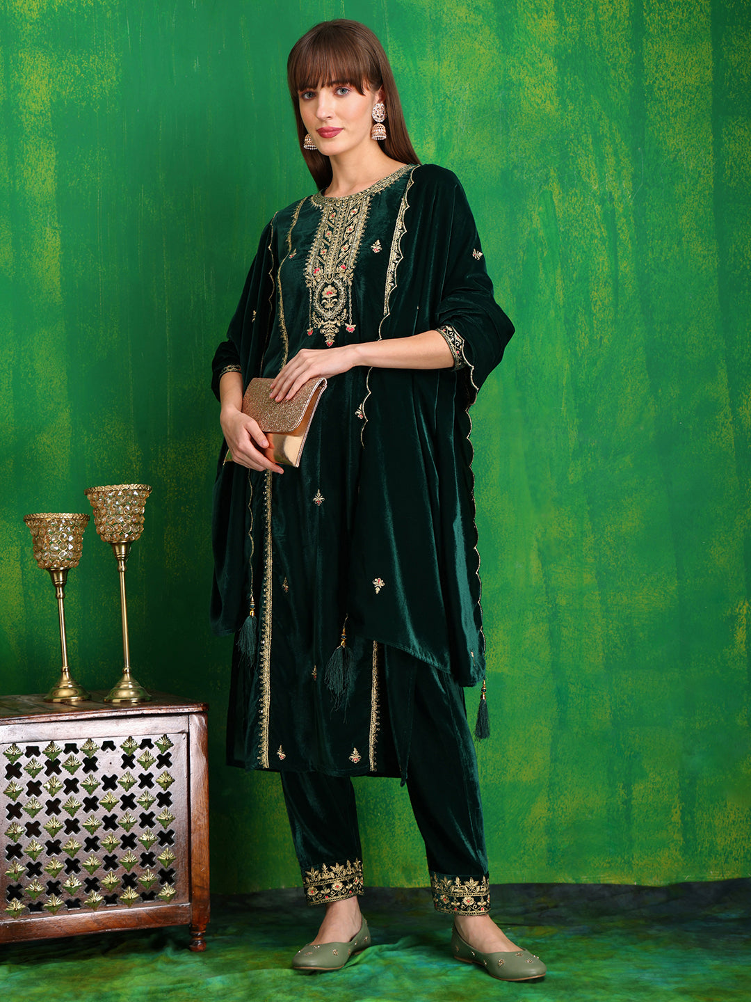 Thread & Sequined Embroidered Velvet Kurta With Pant & Embroidered Dupatta, Bottle-Green - Hiral Fashion - Distacart