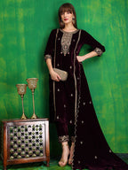Thread & Sequined Embroidered Velvet Kurta With Pant & Embroidered Dupatta, Wine - Hiral Fashion - Distacart