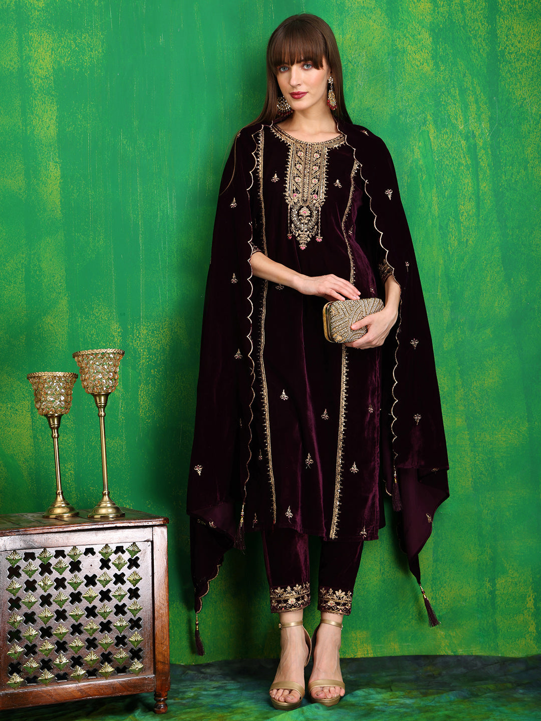 Thread & Sequined Embroidered Velvet Kurta With Pant & Embroidered Dupatta, Wine - Hiral Fashion - Distacart