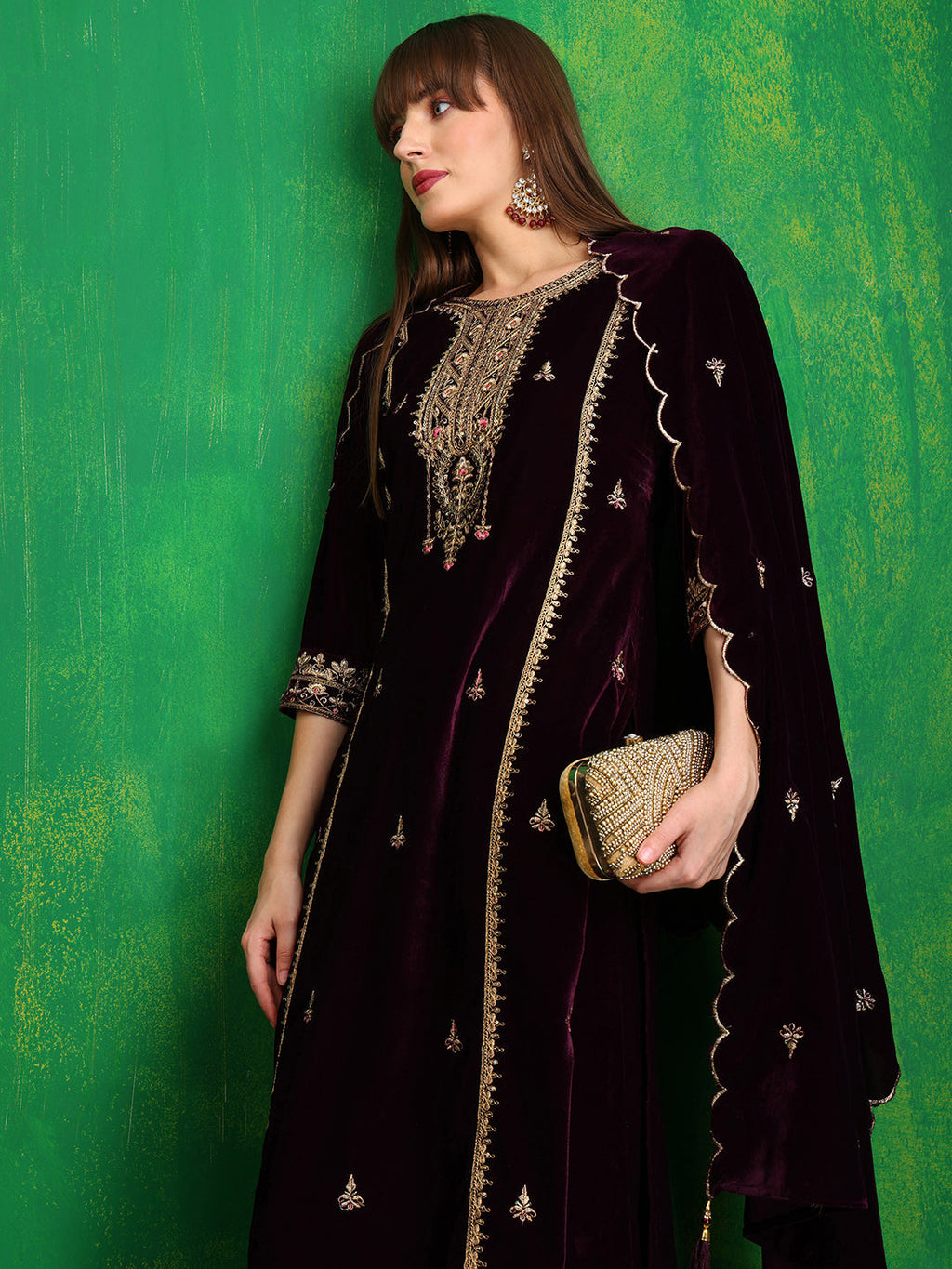 Thread & Sequined Embroidered Velvet Kurta With Pant & Embroidered Dupatta, Wine - Hiral Fashion - Distacart