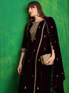 Thread & Sequined Embroidered Velvet Kurta With Pant & Embroidered Dupatta, Wine - Hiral Fashion - Distacart
