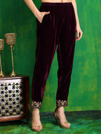 Thread & Sequined Embroidered Velvet Kurta With Pant & Embroidered Dupatta, Wine - Hiral Fashion - Distacart