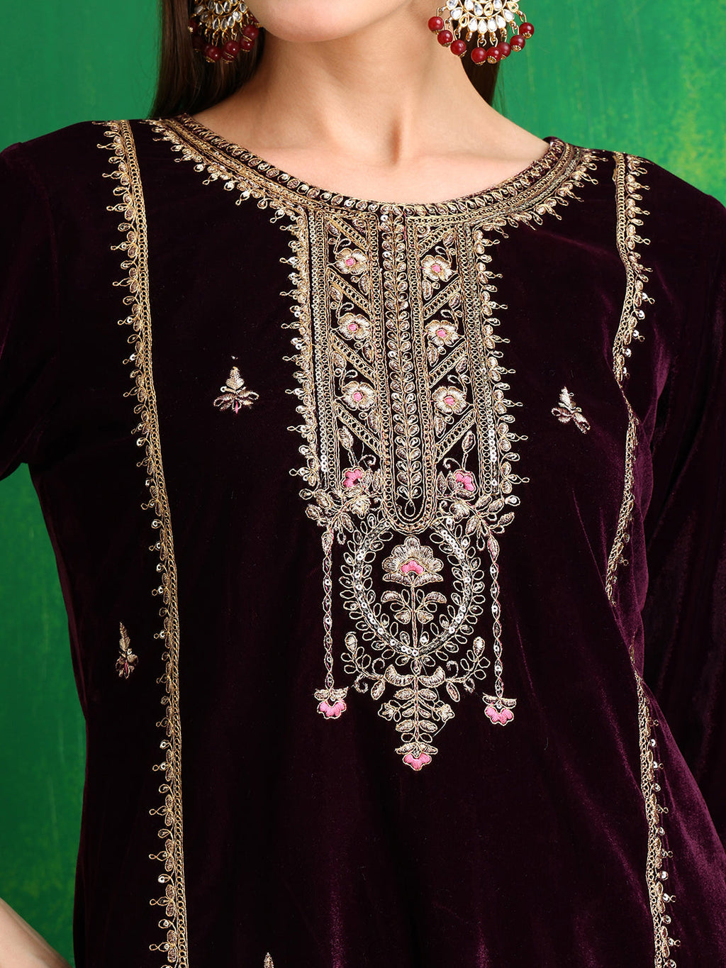 Thread & Sequined Embroidered Velvet Kurta With Pant & Embroidered Dupatta, Wine - Hiral Fashion - Distacart