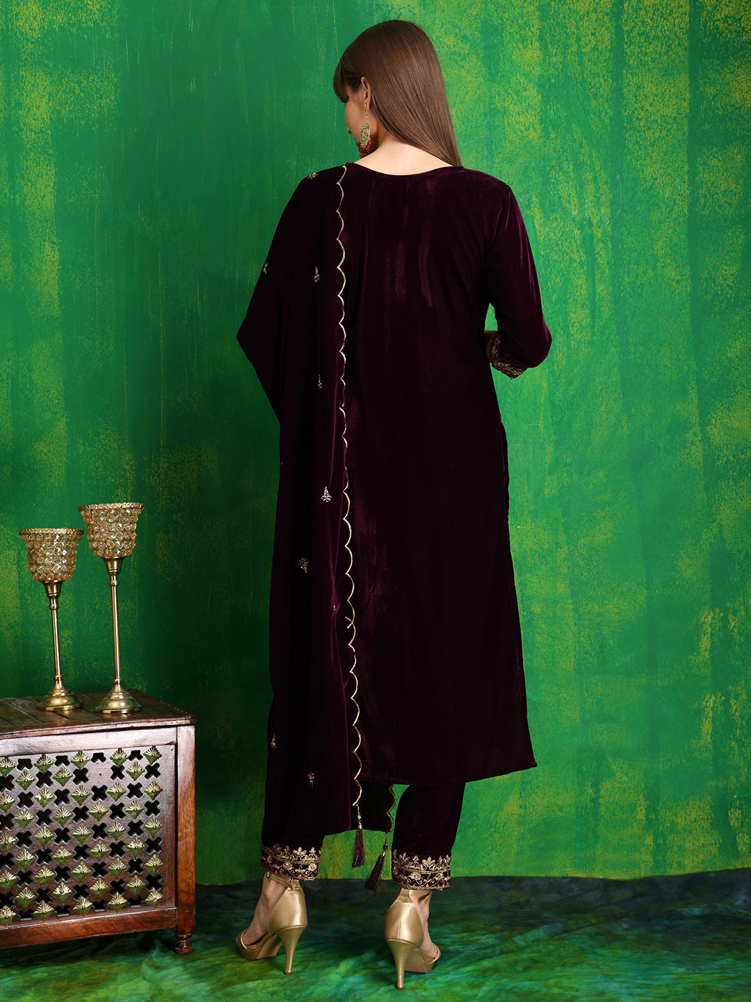 Thread & Sequined Embroidered Velvet Kurta With Pant & Embroidered Dupatta, Wine - Hiral Fashion - Distacart