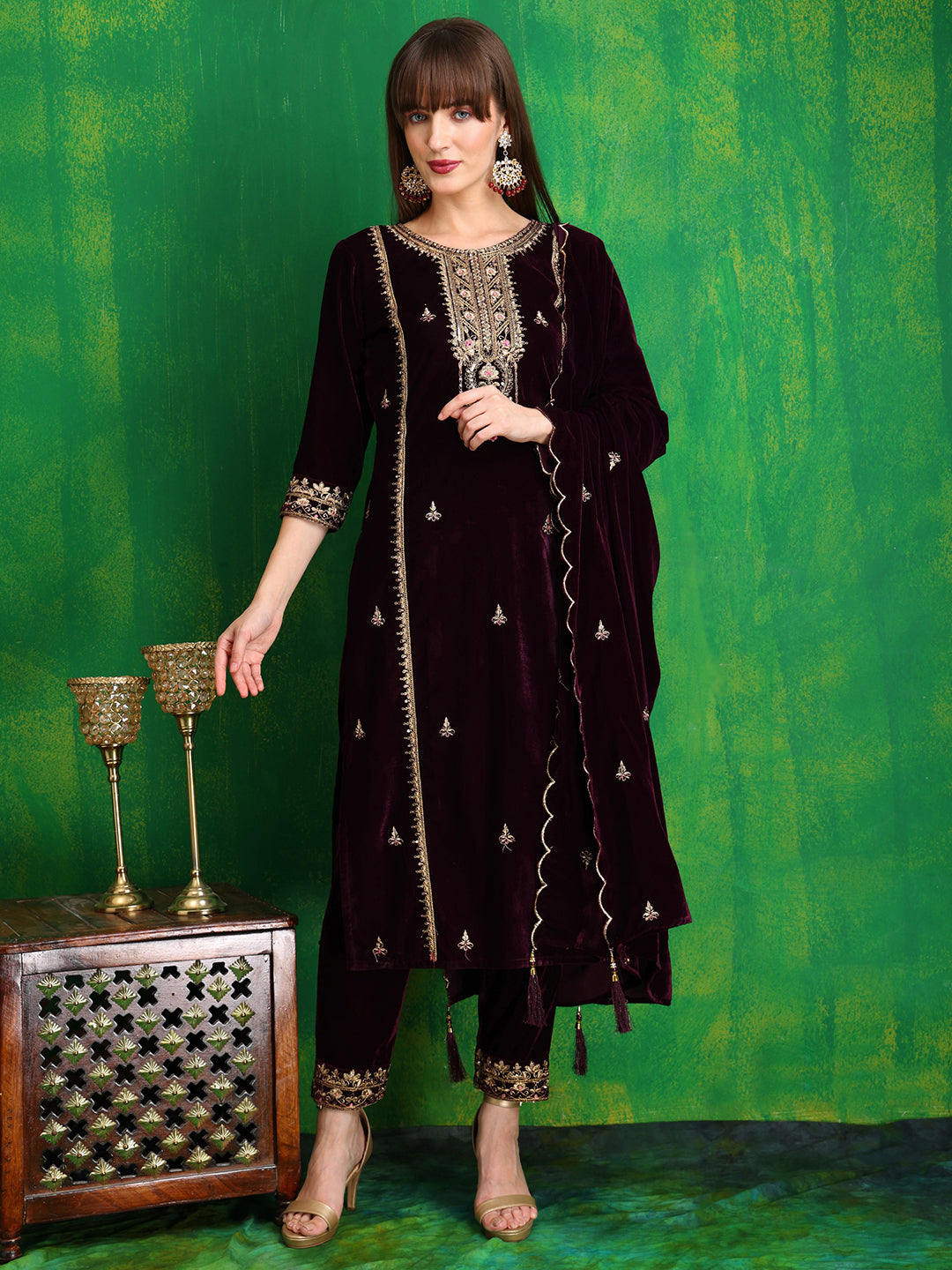 Thread & Sequined Embroidered Velvet Kurta With Pant & Embroidered Dupatta, Wine - Hiral Fashion - Distacart