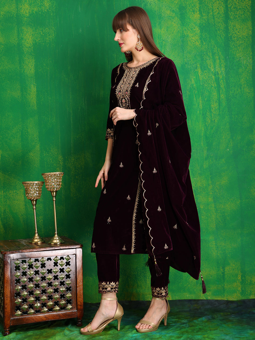 Thread & Sequined Embroidered Velvet Kurta With Pant & Embroidered Dupatta, Wine - Hiral Fashion - Distacart