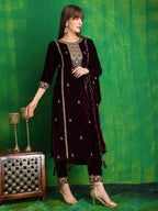 Thread & Sequined Embroidered Velvet Kurta With Pant & Embroidered Dupatta, Wine - Hiral Fashion - Distacart