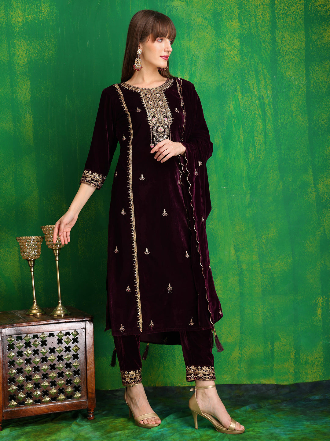 Thread & Sequined Embroidered Velvet Kurta With Pant & Embroidered Dupatta, Wine - Hiral Fashion - Distacart