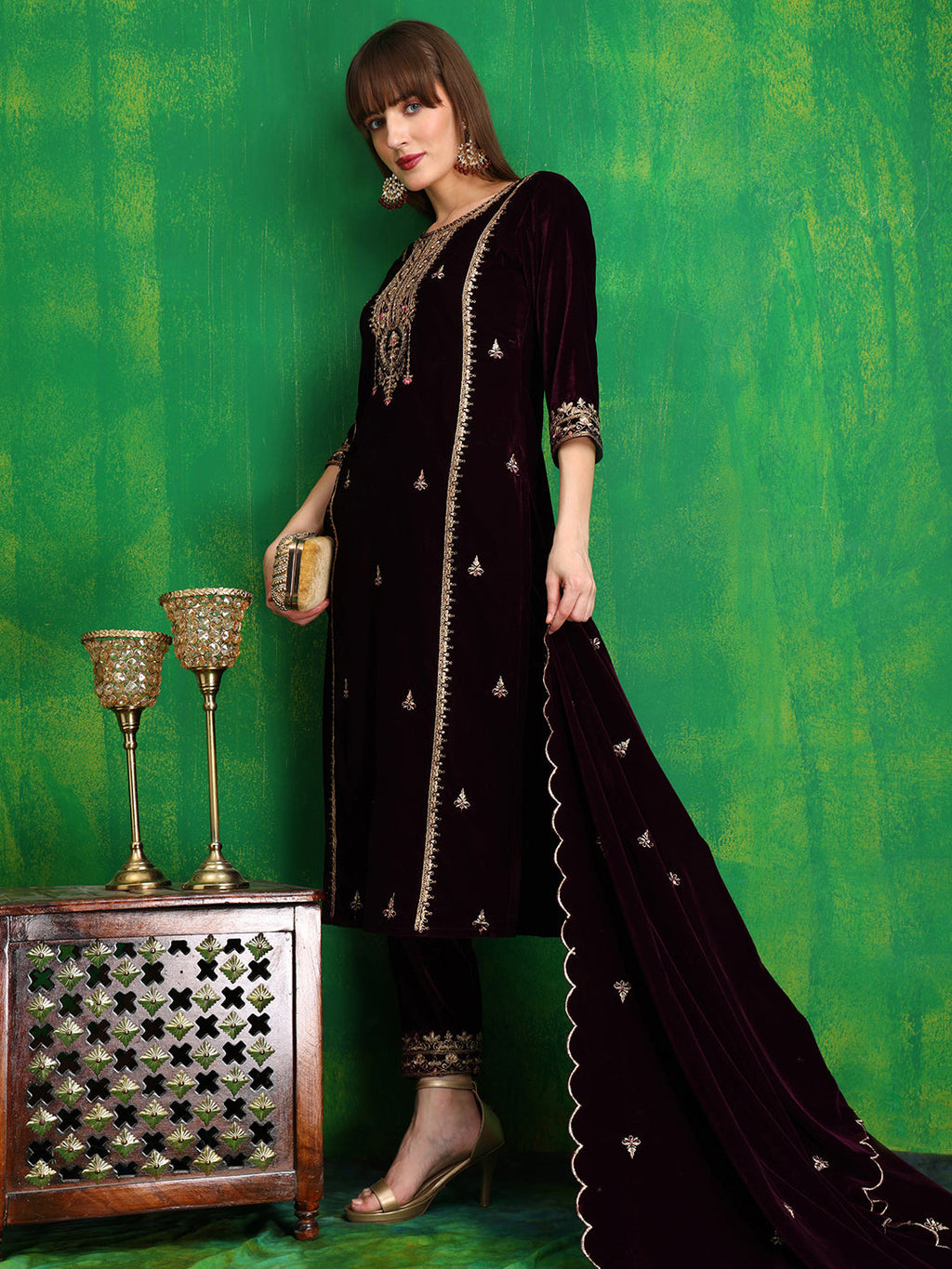 Thread & Sequined Embroidered Velvet Kurta With Pant & Embroidered Dupatta, Wine - Hiral Fashion - Distacart
