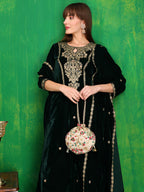 Velvet Embroidered Kurta With Pant & Embroidered Velvet Dupatta, Bottle-Green - Hiral Fashion - Distacart
