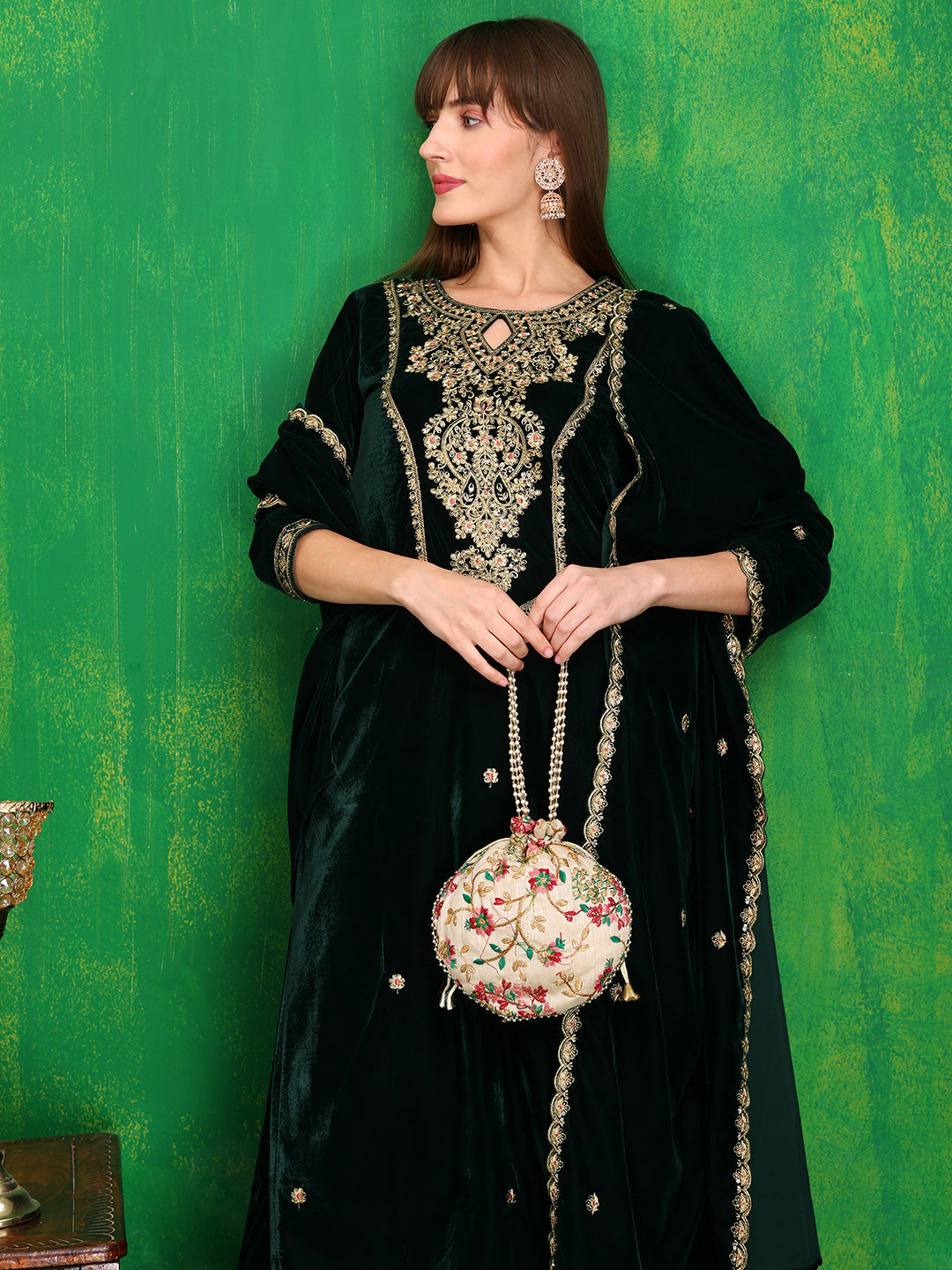 Velvet Embroidered Kurta With Pant & Embroidered Velvet Dupatta, Bottle-Green - Hiral Fashion - Distacart