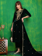 Velvet Embroidered Kurta With Pant & Embroidered Velvet Dupatta, Bottle-Green - Hiral Fashion - Distacart