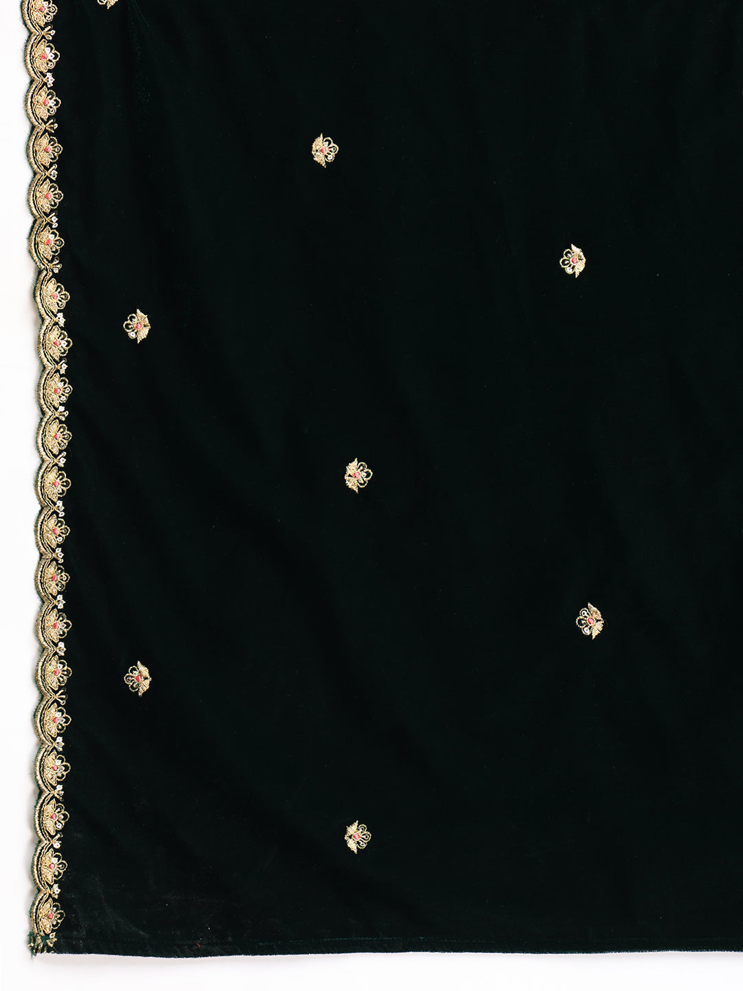 Velvet Embroidered Kurta With Pant & Embroidered Velvet Dupatta, Bottle-Green - Hiral Fashion - Distacart