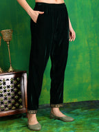Velvet Embroidered Kurta With Pant & Embroidered Velvet Dupatta, Bottle-Green - Hiral Fashion - Distacart