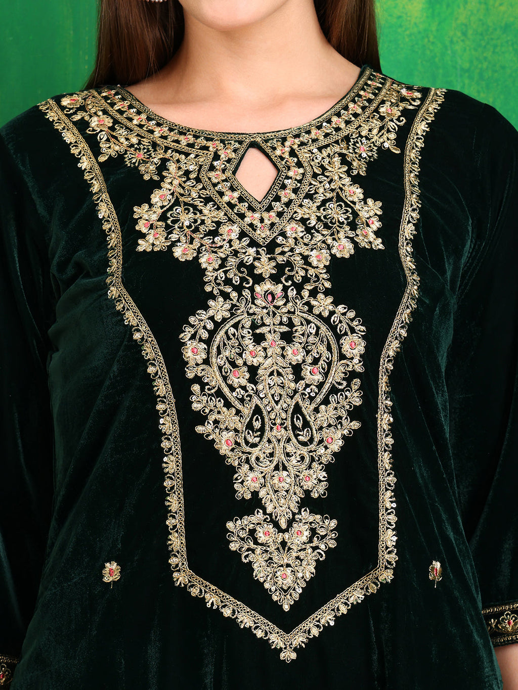 Velvet Embroidered Kurta With Pant & Embroidered Velvet Dupatta, Bottle-Green - Hiral Fashion - Distacart