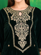 Velvet Embroidered Kurta With Pant & Embroidered Velvet Dupatta, Bottle-Green - Hiral Fashion - Distacart