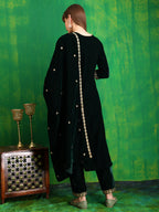 Velvet Embroidered Kurta With Pant & Embroidered Velvet Dupatta, Bottle-Green - Hiral Fashion - Distacart