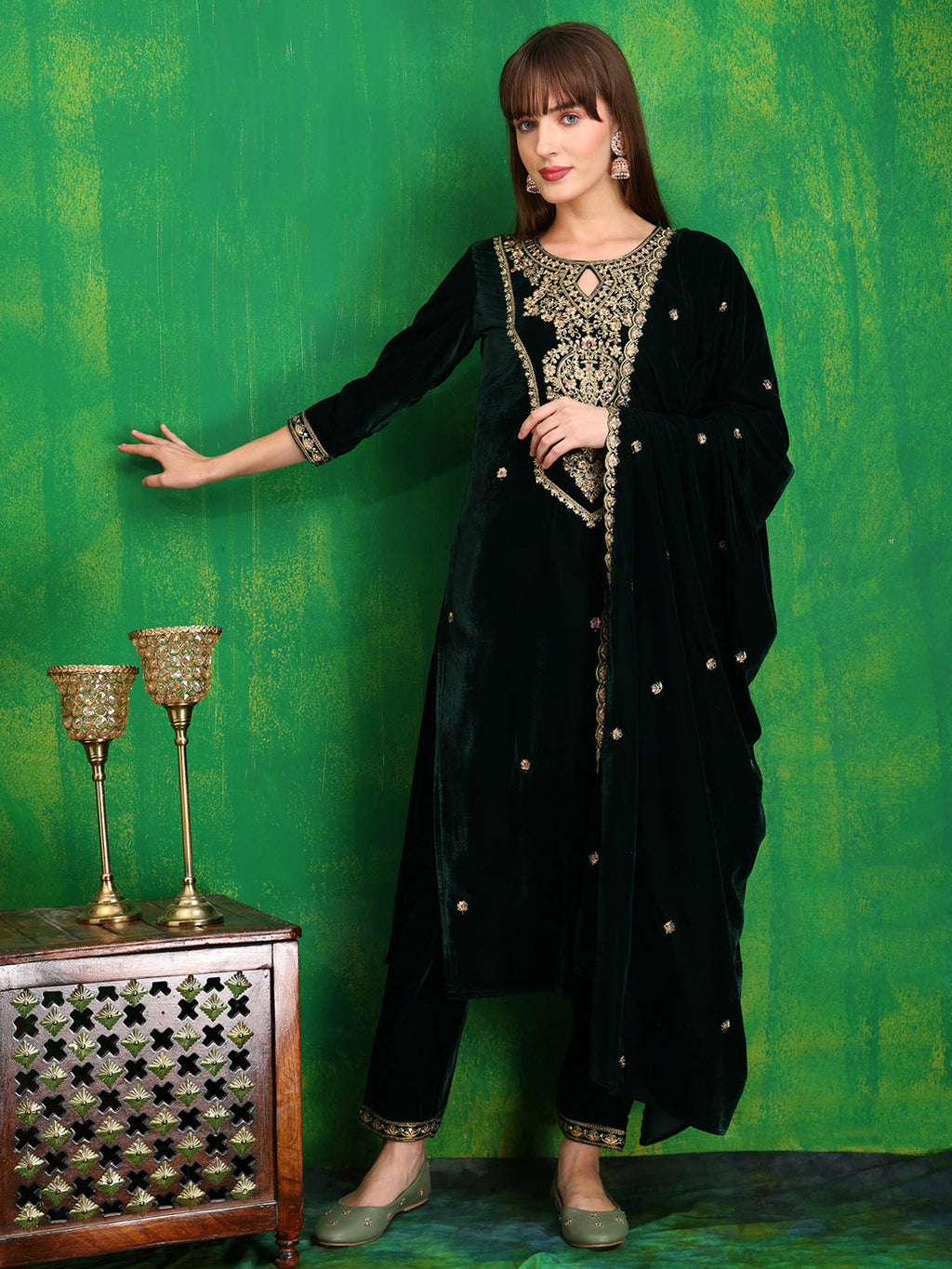 Velvet Embroidered Kurta With Pant & Embroidered Velvet Dupatta, Bottle-Green - Hiral Fashion - Distacart