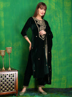 Velvet Embroidered Kurta With Pant & Embroidered Velvet Dupatta, Bottle-Green - Hiral Fashion - Distacart