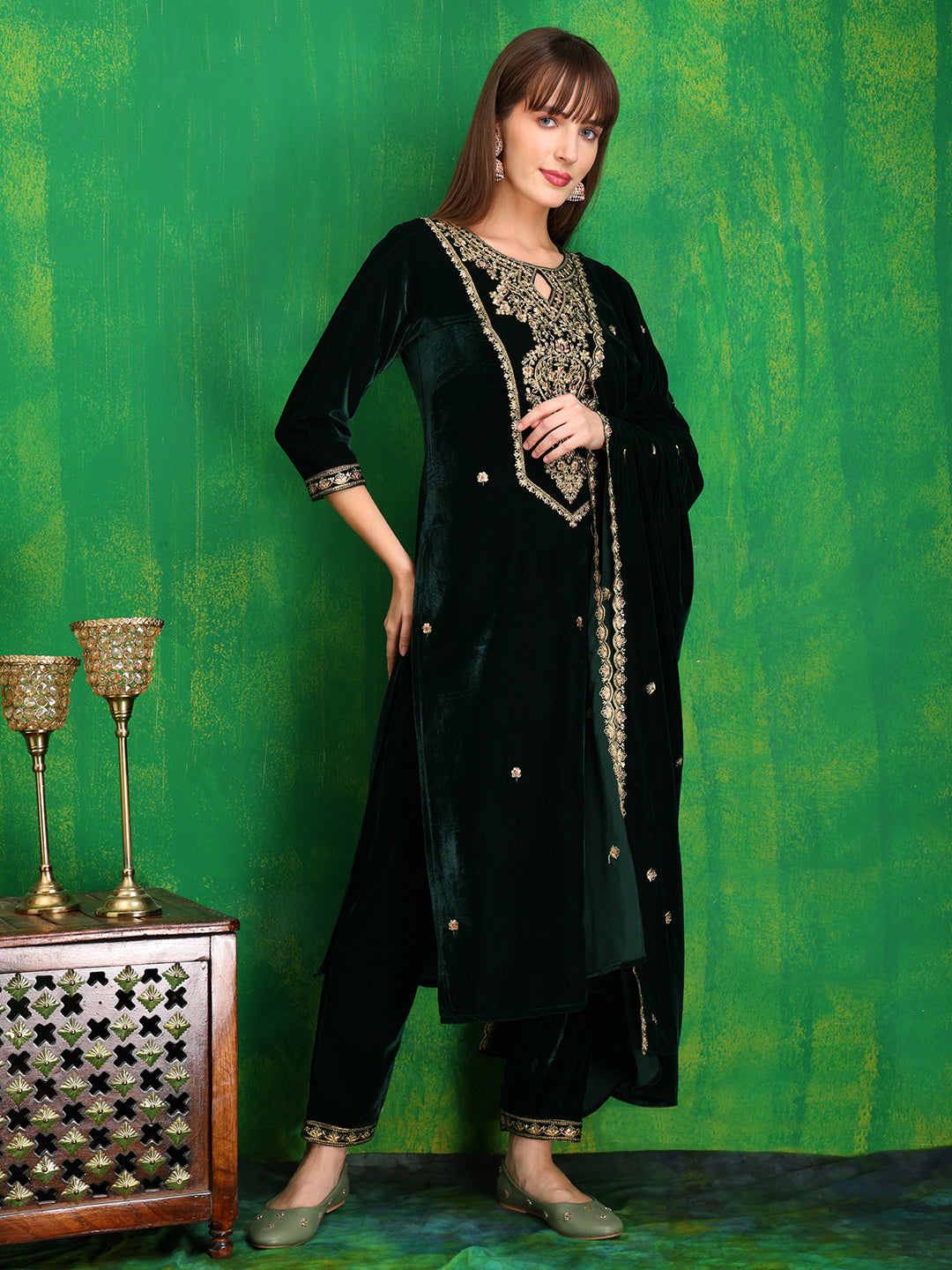 Velvet Embroidered Kurta With Pant & Embroidered Velvet Dupatta, Bottle-Green - Hiral Fashion - Distacart