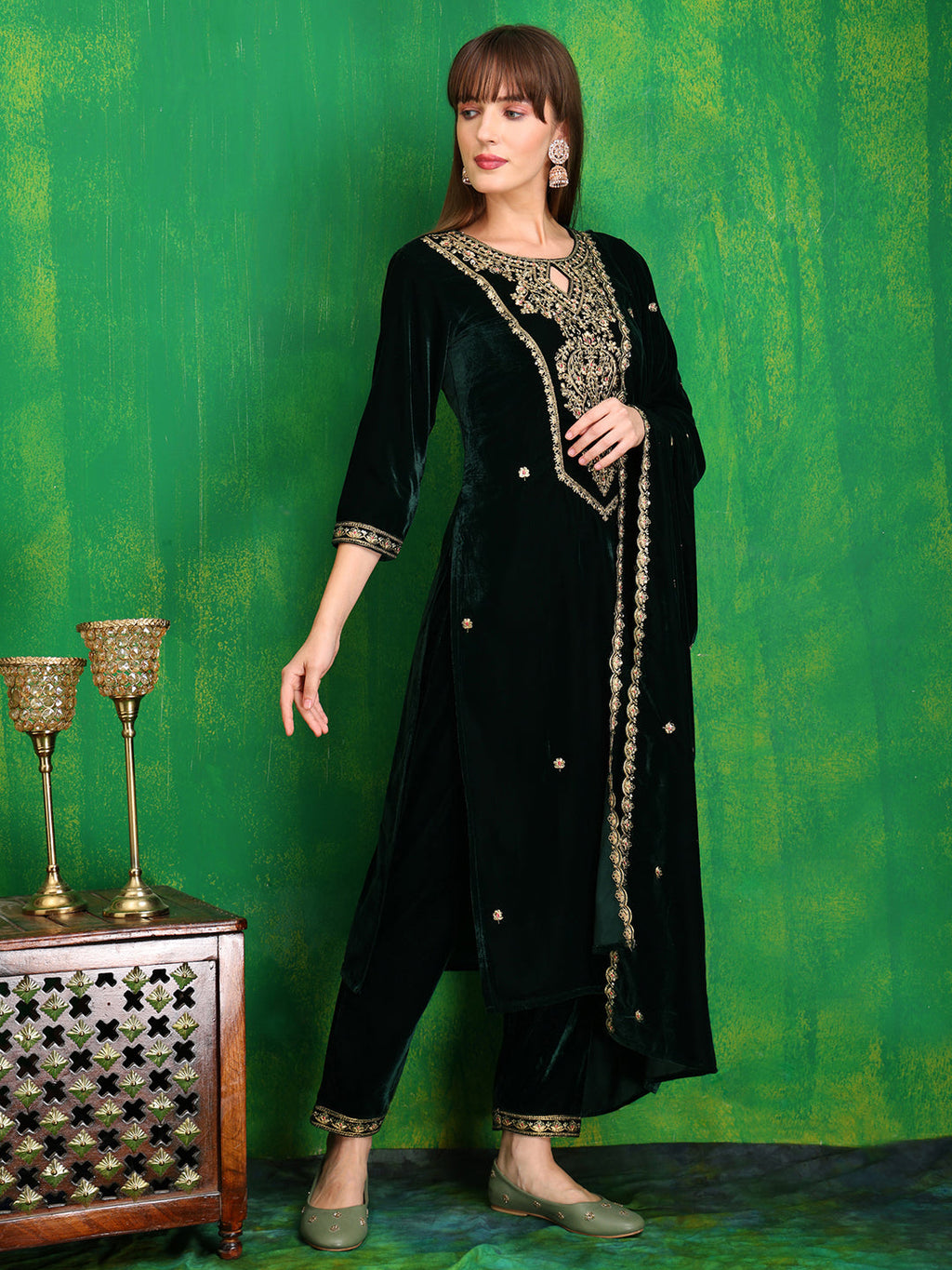 Velvet Embroidered Kurta With Pant & Embroidered Velvet Dupatta, Bottle-Green - Hiral Fashion - Distacart