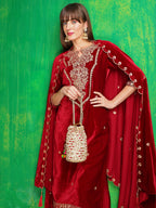 Velvet Embroidered Kurta With Pant & Embroidered Velvet Dupatta, Maroon - Hiral Fashion - Distacart
