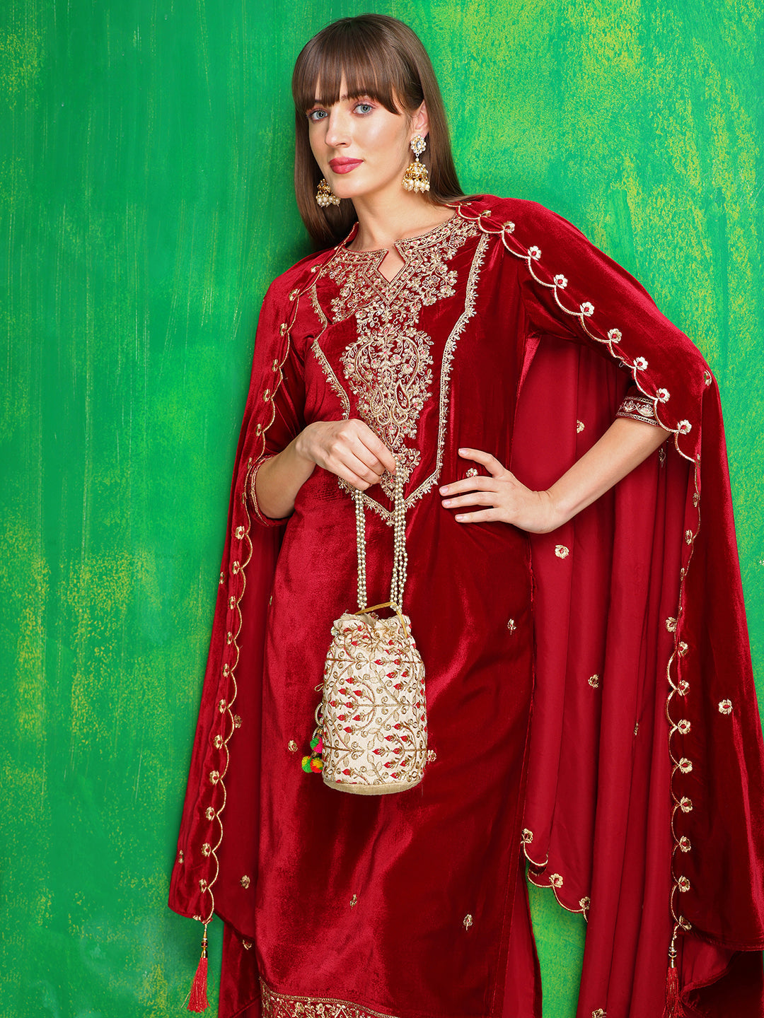 Velvet Embroidered Kurta With Pant & Embroidered Velvet Dupatta, Maroon - Hiral Fashion - Distacart