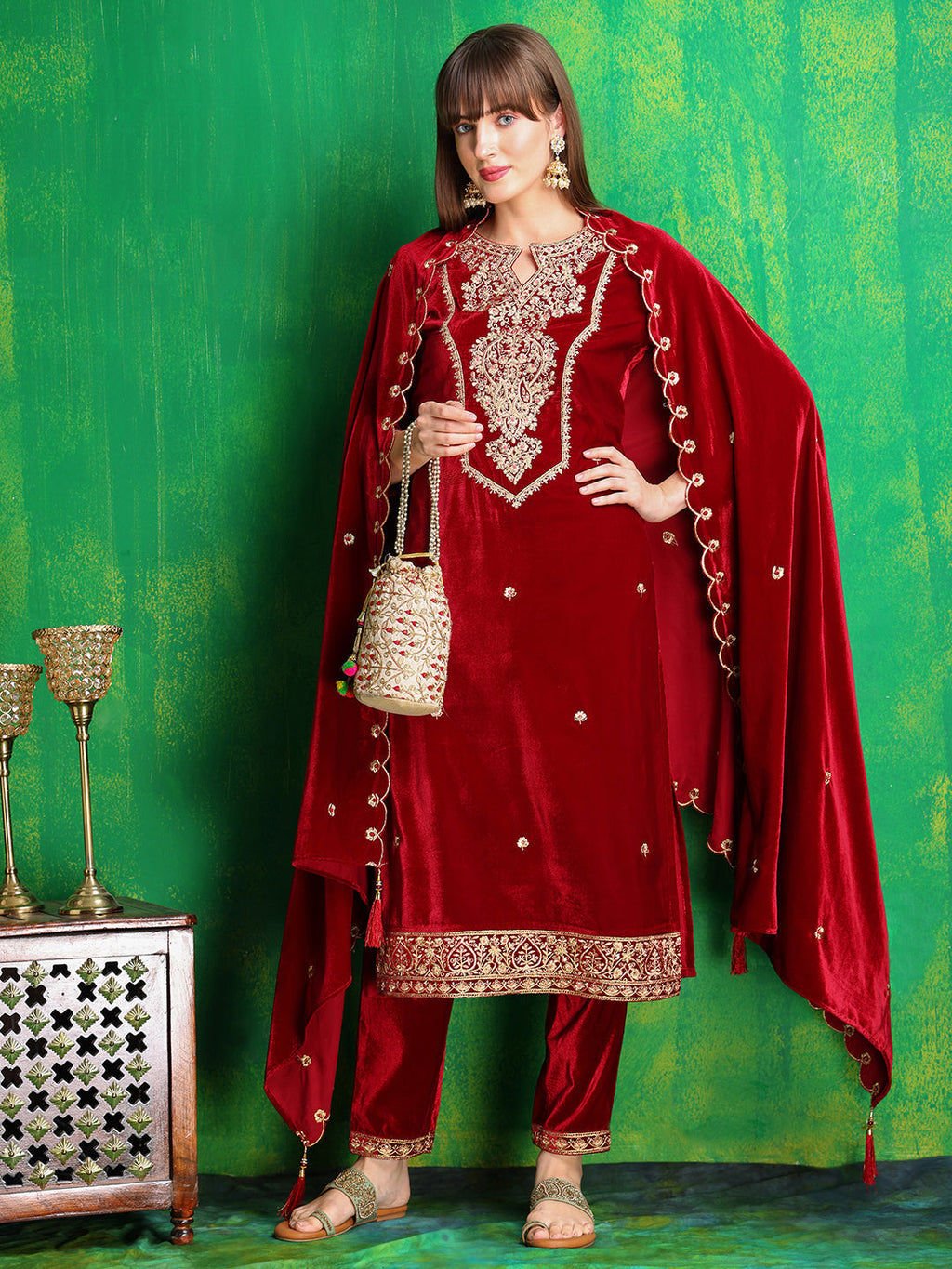 Velvet Embroidered Kurta With Pant & Embroidered Velvet Dupatta, Maroon - Hiral Fashion - Distacart
