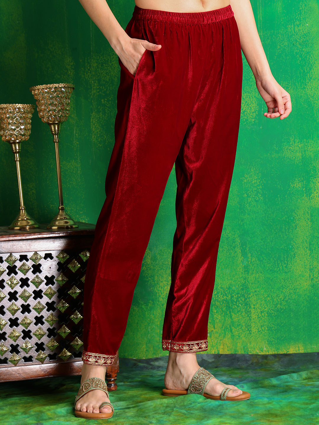Velvet Embroidered Kurta With Pant & Embroidered Velvet Dupatta, Maroon - Hiral Fashion - Distacart