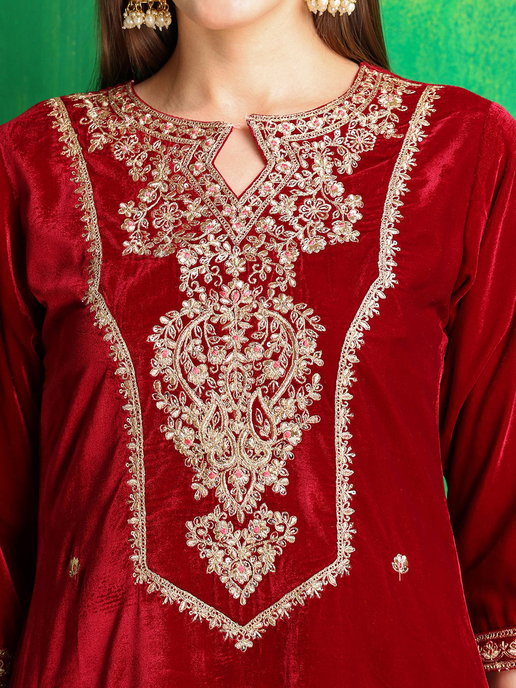 Velvet Embroidered Kurta With Pant & Embroidered Velvet Dupatta, Maroon - Hiral Fashion - Distacart