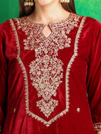 Velvet Embroidered Kurta With Pant & Embroidered Velvet Dupatta, Maroon - Hiral Fashion - Distacart