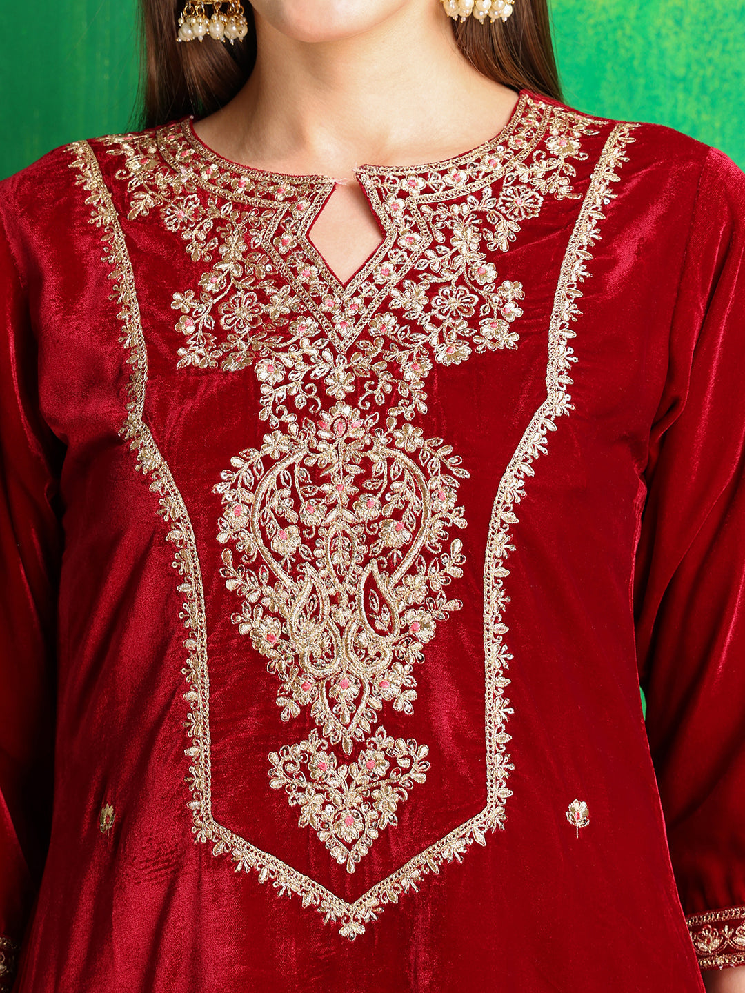 Velvet Embroidered Kurta With Pant & Embroidered Velvet Dupatta, Maroon - Hiral Fashion - Distacart