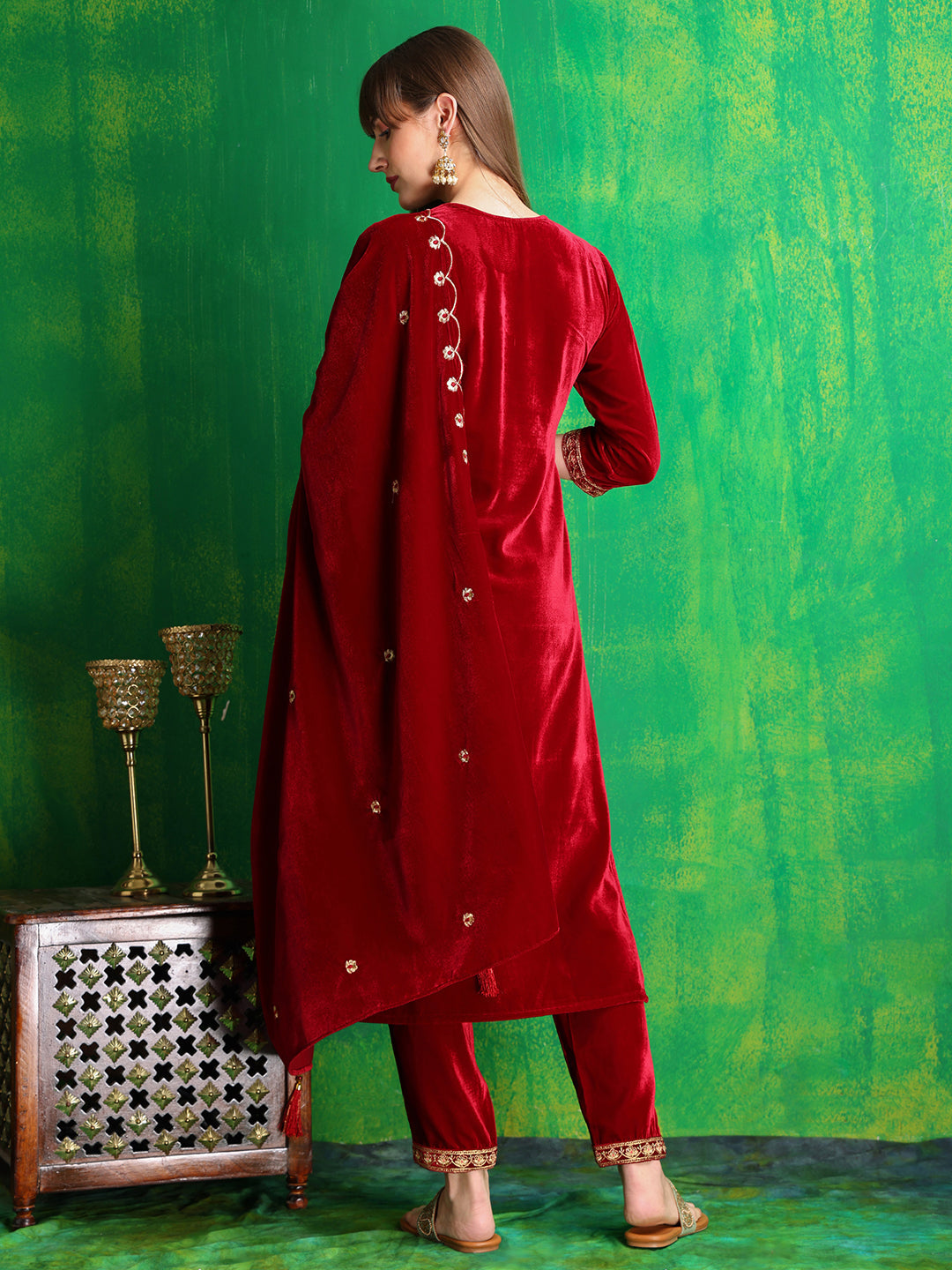 Velvet Embroidered Kurta With Pant & Embroidered Velvet Dupatta, Maroon - Hiral Fashion - Distacart