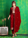 Velvet Embroidered Kurta With Pant & Embroidered Velvet Dupatta, Maroon - Hiral Fashion - Distacart