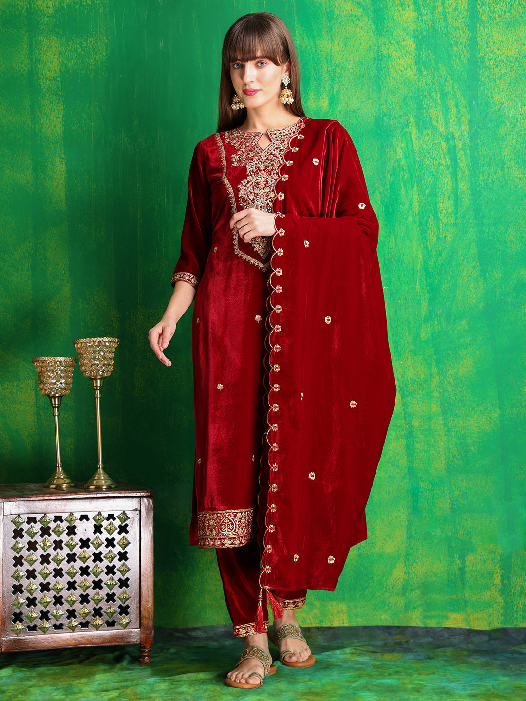 Velvet Embroidered Kurta With Pant & Embroidered Velvet Dupatta, Maroon - Hiral Fashion - Distacart