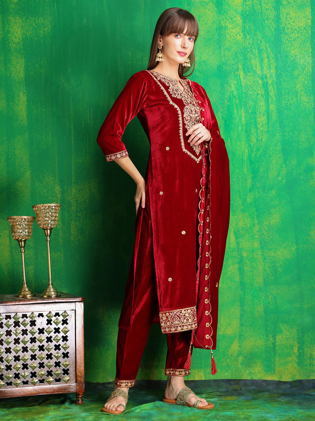 Velvet Embroidered Kurta With Pant & Embroidered Velvet Dupatta, Maroon - Hiral Fashion - Distacart