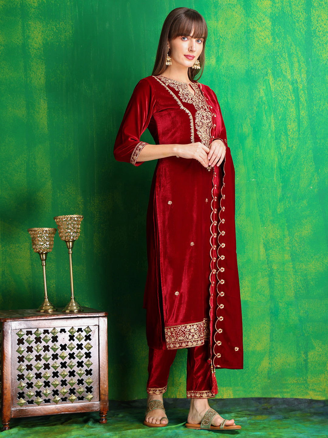 Velvet Embroidered Kurta With Pant & Embroidered Velvet Dupatta, Maroon - Hiral Fashion - Distacart
