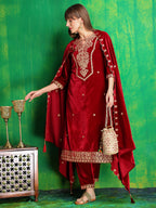 Velvet Embroidered Kurta With Pant & Embroidered Velvet Dupatta, Maroon - Hiral Fashion - Distacart