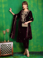 Velvet Embroidered Kurta With Pant & Embroidered Velvet Dupatta, Wine - Hiral Fashion - Distacart