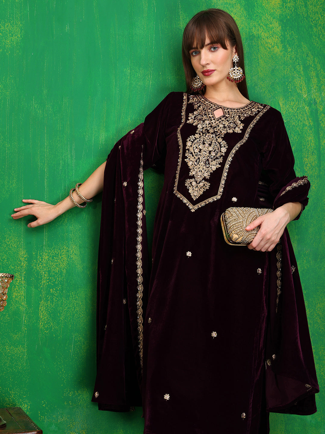 Velvet Embroidered Kurta With Pant & Embroidered Velvet Dupatta, Wine - Hiral Fashion - Distacart