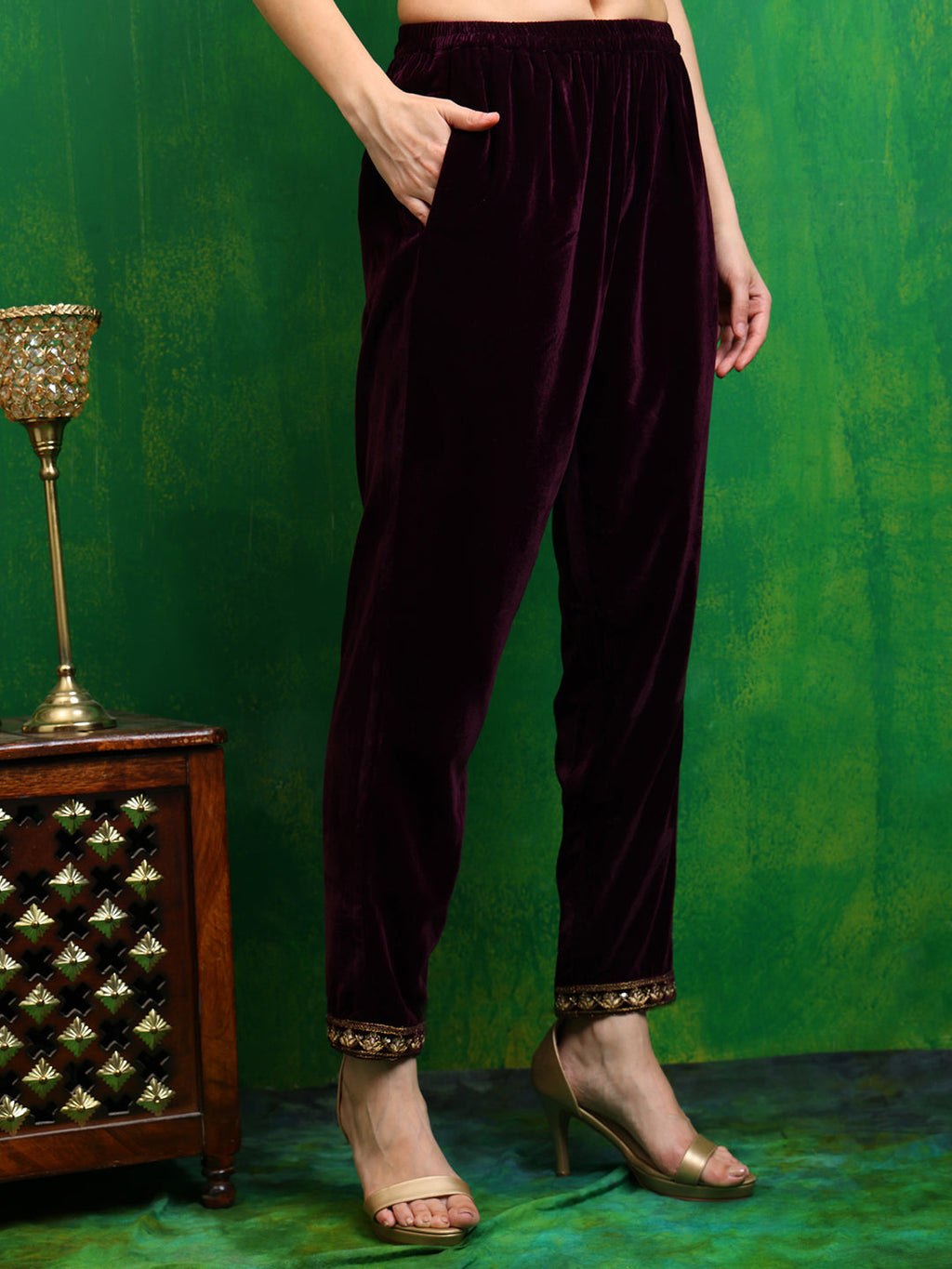 Velvet Embroidered Kurta With Pant & Embroidered Velvet Dupatta, Wine - Hiral Fashion - Distacart