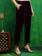 Velvet Embroidered Kurta With Pant & Embroidered Velvet Dupatta, Wine - Hiral Fashion - Distacart