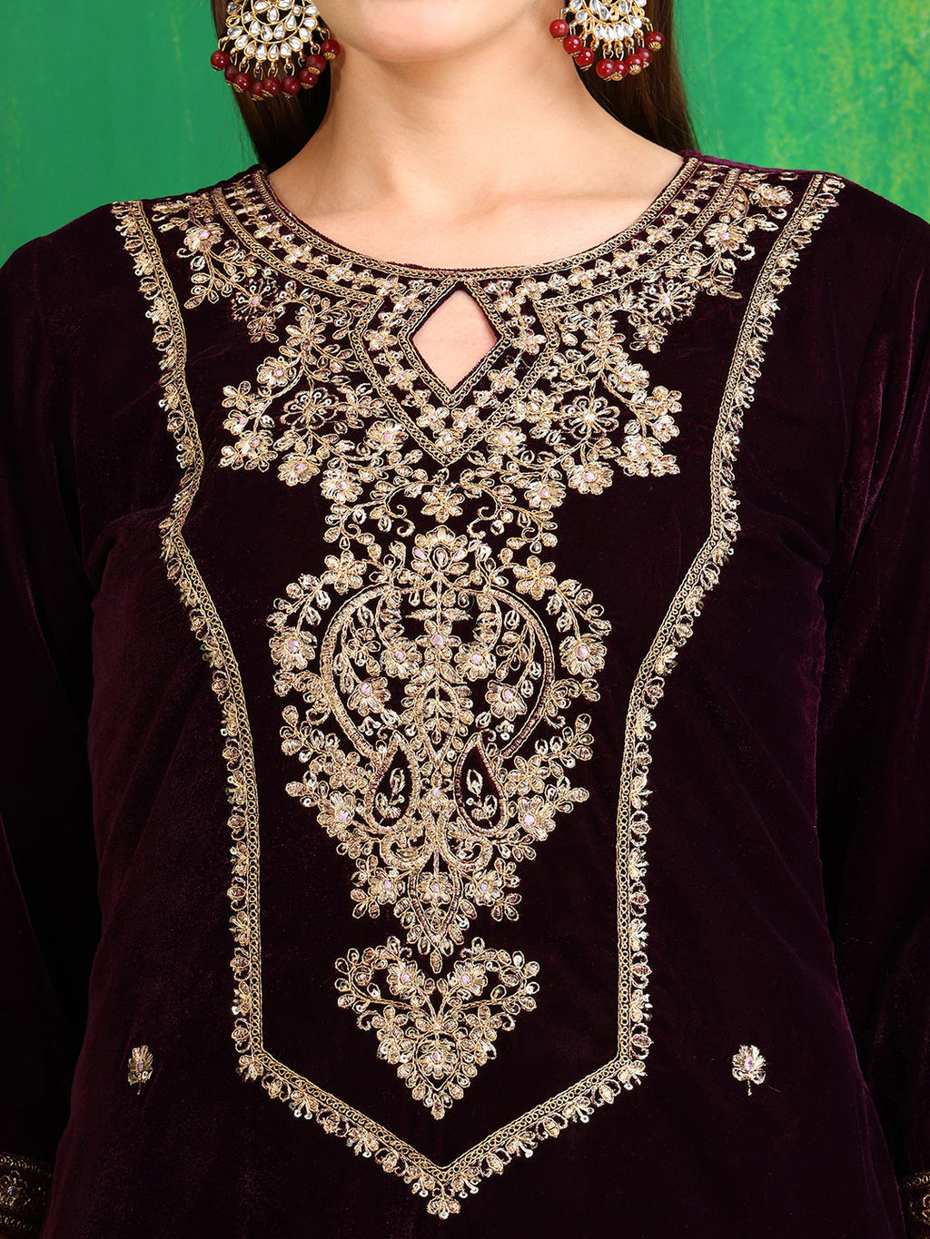 Velvet Embroidered Kurta With Pant & Embroidered Velvet Dupatta, Wine - Hiral Fashion - Distacart