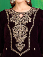 Velvet Embroidered Kurta With Pant & Embroidered Velvet Dupatta, Wine - Hiral Fashion - Distacart